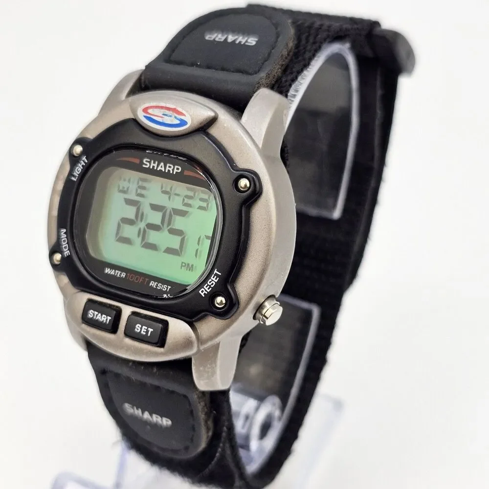 VTG Sharp Men's Digital Watch 40MM Large Gray Case Black Canvas Band New Battery